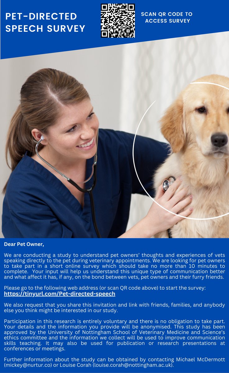 Do you like it when the vet talks to your pet? We are researchers in veterinary communication and looking for pet owners to complete our online survey tinyurl.com/Pet-directed-s…