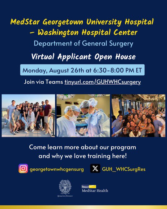 Georgetown-WHC General Surgery Residency (@guh_whcsurgres) on Twitter photo ๐๐ป Come join our Virtual Open House on August 26th at 6:30PM!
Hear about why we love GUH-WHC General Surgery, from our research and flexibility in training curriculum to life in DC. ๐๐ค๐ฆพ Our program director <a href="/p_g_j_/">Patrick Jackson, MD</a> and current residents will be available for your questions! ๐๐ป Come join our Virtual Open House on August 26th at 6:30PM!
Hear about why we love GUH-WHC General Surgery, from our research and flexibility in training curriculum to life in DC. ๐๐ค๐ฆพ Our program director <a href="/p_g_j_/">Patrick Jackson, MD</a> and current residents will be available for your questions!