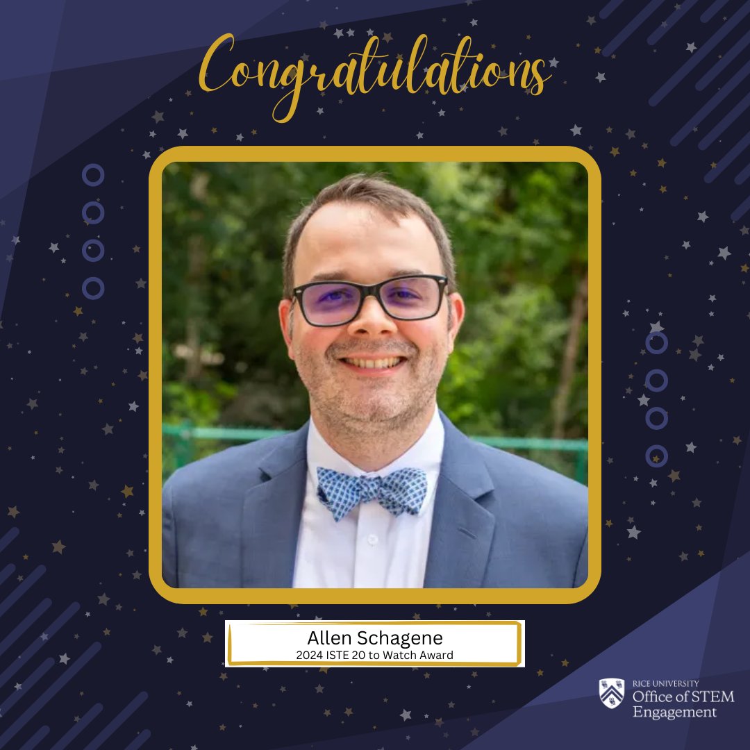 R-STEM (@riceu_stem) on Twitter photo Congratulations to Allen Schagene, @theshlenkerschool Director of Innovative Learning, for receiving the @ISTE 20 To Watch Award! We are proud of him and his exemplary work with the @ConocoPhillips Applied Math Program at <a href="/RiceUniversity/">Rice University</a>. Read more at iste.org/iste-20-to-wat…. Congratulations to Allen Schagene, @theshlenkerschool Director of Innovative Learning, for receiving the @ISTE 20 To Watch Award! We are proud of him and his exemplary work with the @ConocoPhillips Applied Math Program at <a href="/RiceUniversity/">Rice University</a>. Read more at iste.org/iste-20-to-wat….