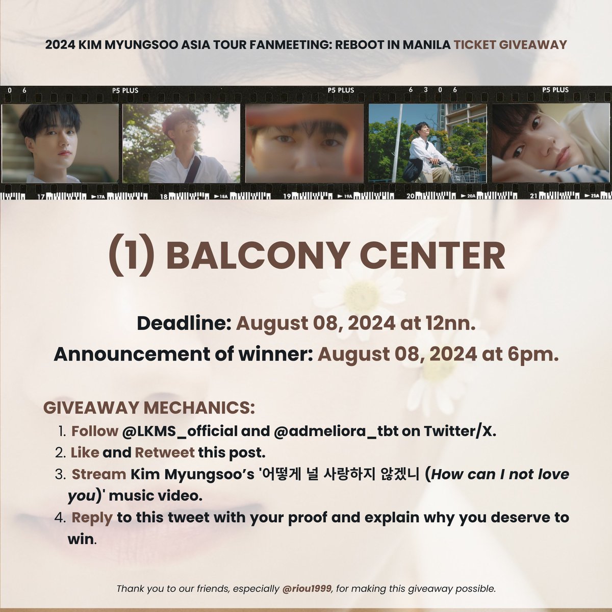 admeliora_tbt's tweet photo. REBOOTing this acc as our team, along w/ our friends, secured 6 BALCONY tickets to give away! 🎟️ We’ve already preselected 5 Inspirits &amp; now we're looking for 1 more!

Follow the instructions below for a chance to see Myungsoo this Sat!

#KimMyungSooinManila2024 #REBOOT_in_MANILA https://t.co/q4LurdmMjg