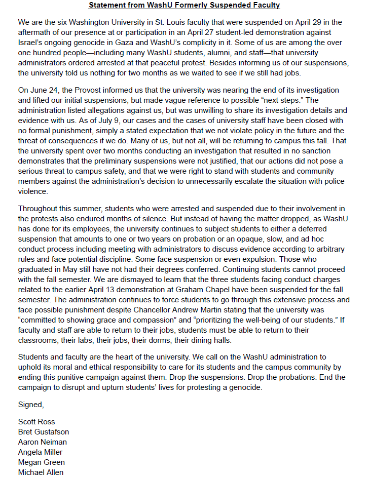 A statement from formerly suspended WashU faculty (1/15)