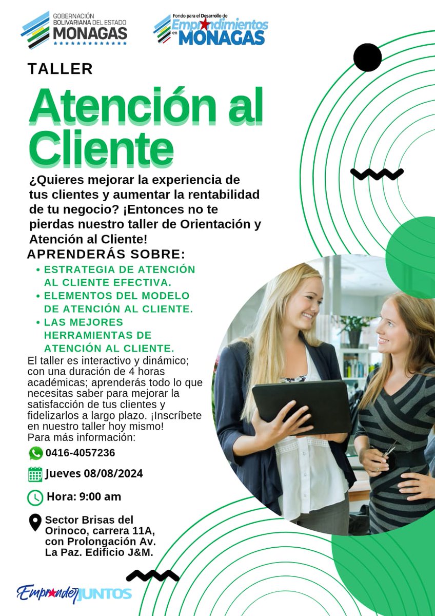 ¿Quieres que tus clientes se enamoren de tu marca? 💚💲👀

¡Nuestro taller de Atención al Cliente es para ti! Aprende las claves para brindar una experiencia inolvidable y hacer crecer tu negocio 📚 ¡CUPOS LIMITADOS! 🚨

📍 #Maturín
