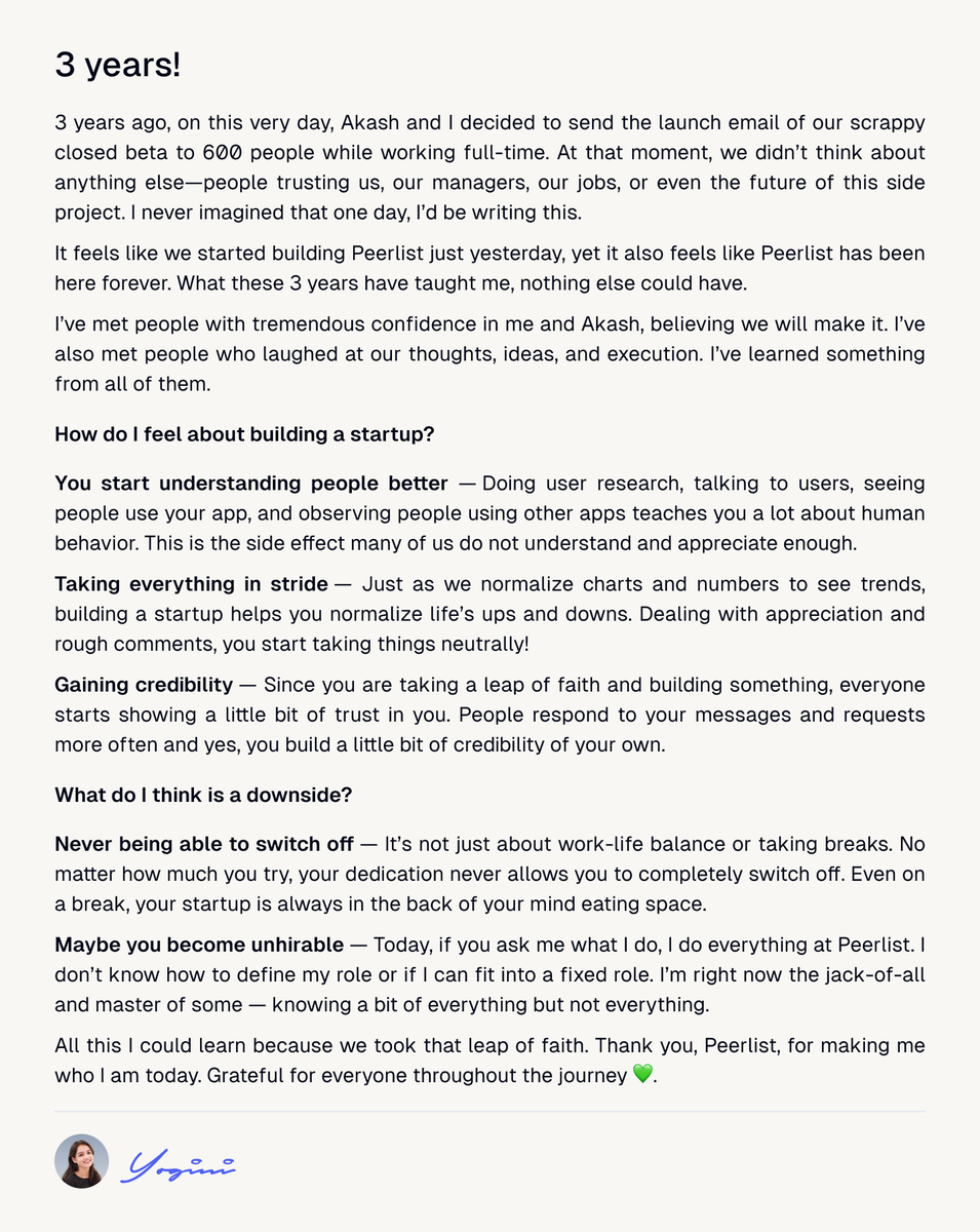 hey_yogini's tweet photo. Spent 3 years building Peerlist! Few thoughts on that with a lot of ideas... we are just getting started ๐ https://t.co/5fi8yww2xb