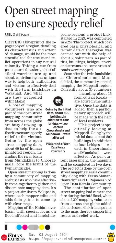 OpenDataKerala (@opendatakerala) on Twitter photo Kerala: Open street mapping to ensure speedy relief for landslide victims
newindianexpress.com/states/kerala/…
<a href="/openstreetmap/">OpenStreetMap</a> <a href="/mapkerala/">MapKerala</a> <a href="/hotosm/">Humanitarian OpenStreetMap Team</a> <a href="/openmapping_ap/">Open Mapping Hub - Asia Pacific</a> <a href="/osm_in/">OpenStreetMap India</a> <a href="/rajaneesh_river/">Rajaneesh</a> <a href="/manojkmohan/">Manoj Karingamadathil</a> #OSMKerala Kerala: Open street mapping to ensure speedy relief for landslide victims
newindianexpress.com/states/kerala/…
<a href="/openstreetmap/">OpenStreetMap</a> <a href="/mapkerala/">MapKerala</a> <a href="/hotosm/">Humanitarian OpenStreetMap Team</a> <a href="/openmapping_ap/">Open Mapping Hub - Asia Pacific</a> <a href="/osm_in/">OpenStreetMap India</a> <a href="/rajaneesh_river/">Rajaneesh</a> <a href="/manojkmohan/">Manoj Karingamadathil</a> #OSMKerala