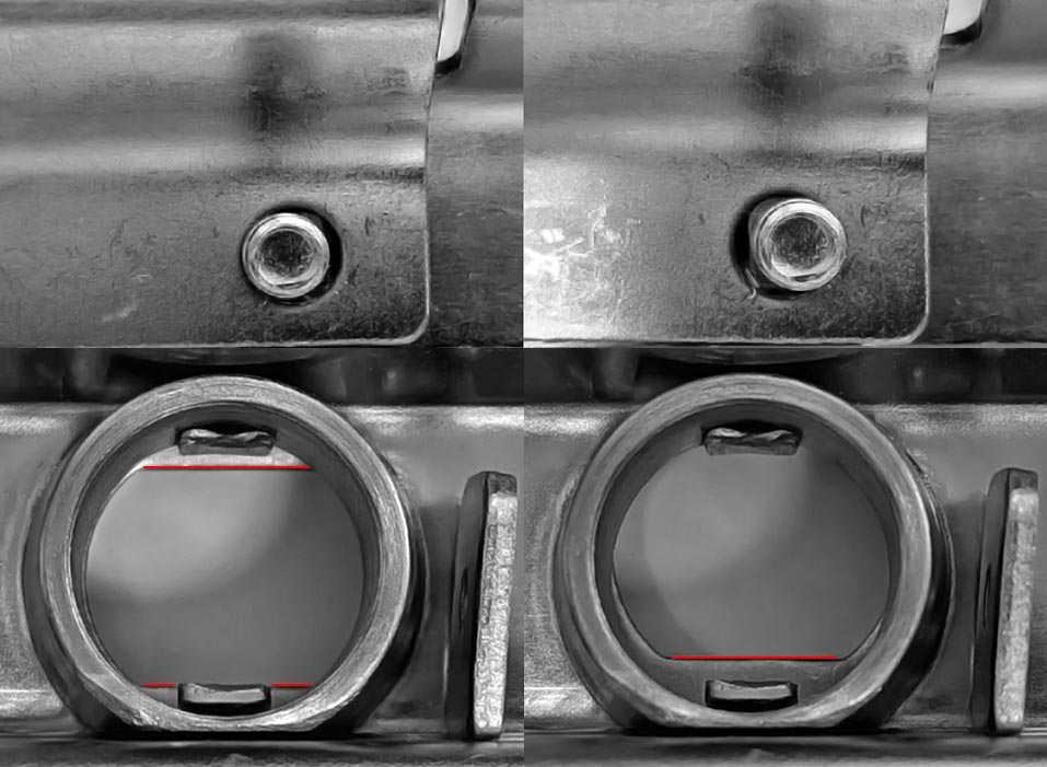 Tip: When installing a cylinder latch with a backplate, insert a cylinder lock before tightening the backplate. This prevents misalignment due to the little bit of wiggle room around the bolts. The red lines in the image show how this can block the opening.