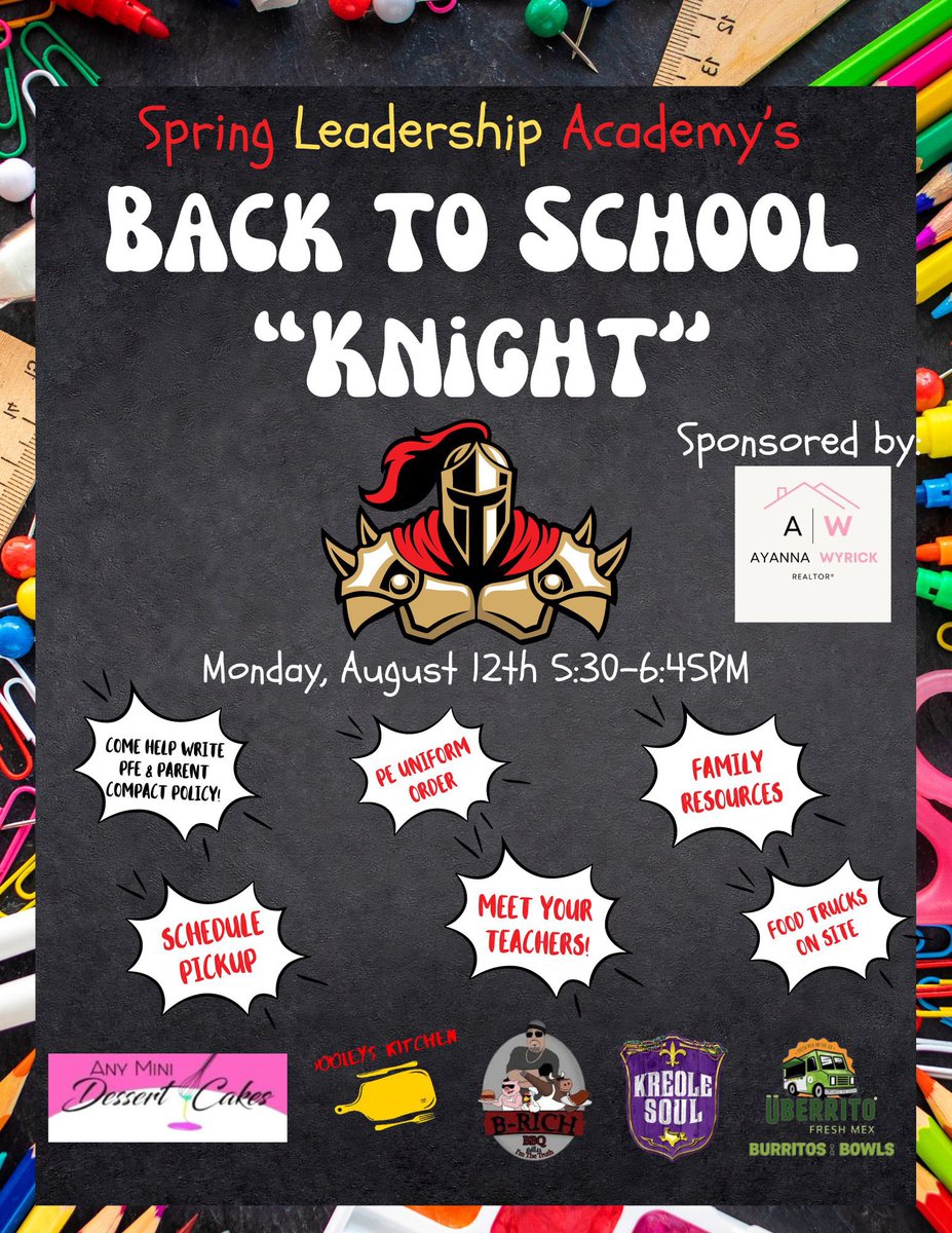 Join us for a "Knight" of prep &amp; fun for the new school year! Parents, shape policies with <a href="/C0unselorAvalos/">Ms. Avalos, M.Ed.</a> , order PE uniforms, meet teachers &amp; enjoy some food. Don't miss it! <a href="/KevJBanks/">Kevin Banks, Ed. D.</a> <a href="/SpringISD/">Spring ISD</a>