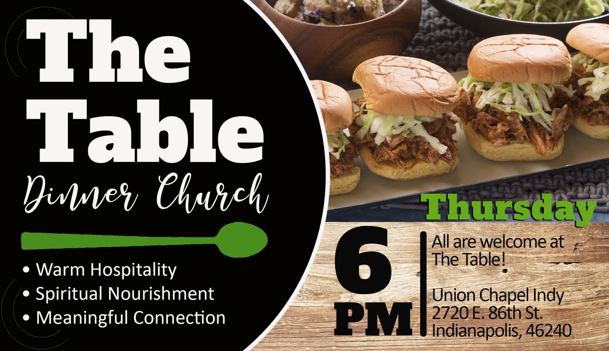 UnionChapelIndy's tweet photo. There's a Seat for You @ The Table!
Thurs, 6-7 p.m., a delicious summer feast!
Friendly faces, engaging conversations, &amp; a menu of pulled pork &amp; chicken sandwiches, chips, roasted carrots, green salad, &amp; dessert. No RSVP is required.
#unionchapelindy #thetable #dinnerchurch https://t.co/t739Xo0ToX