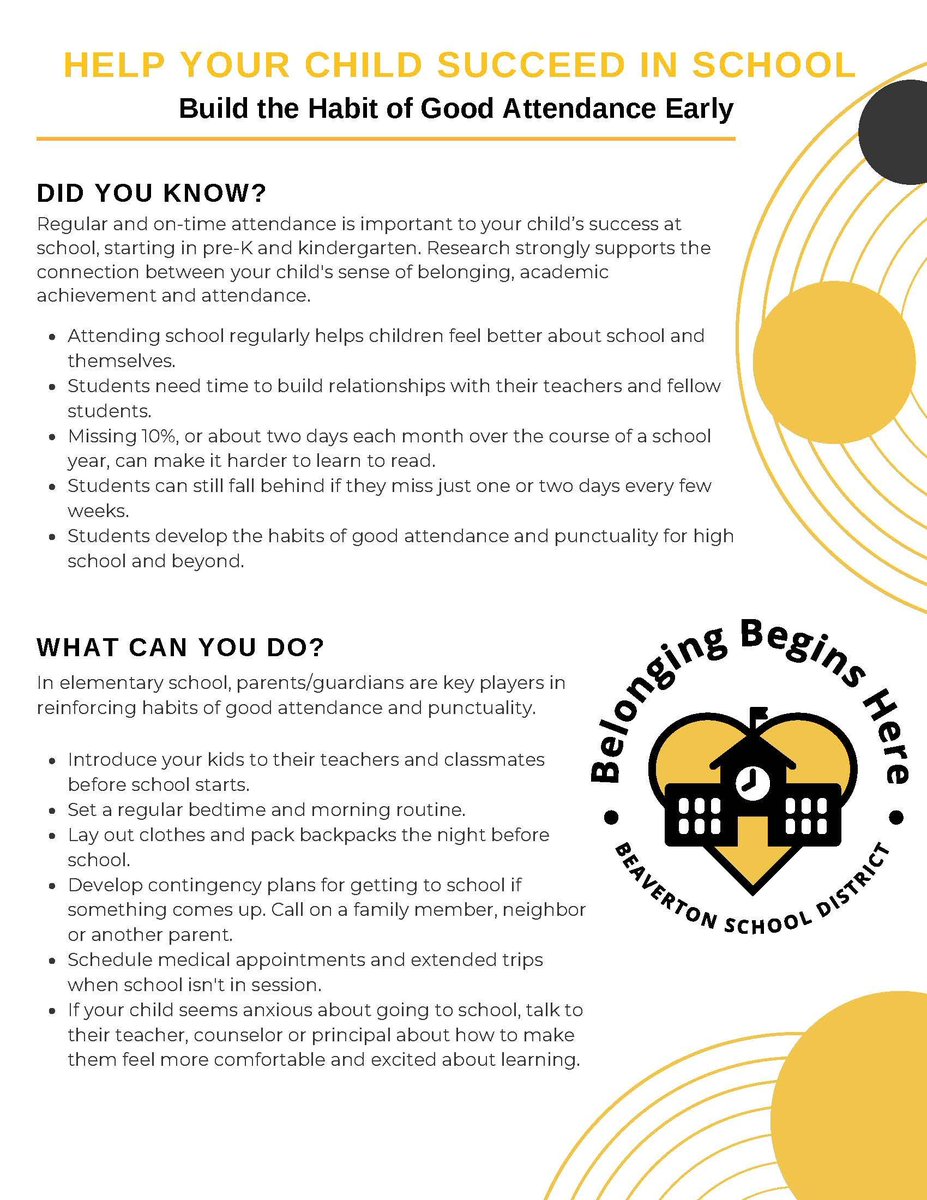 School is starting soon! Here are some tips to help your kindergartener look forward to attending school every day.
 
#BelongingBeginsHere
#BelongBelieveAchieve