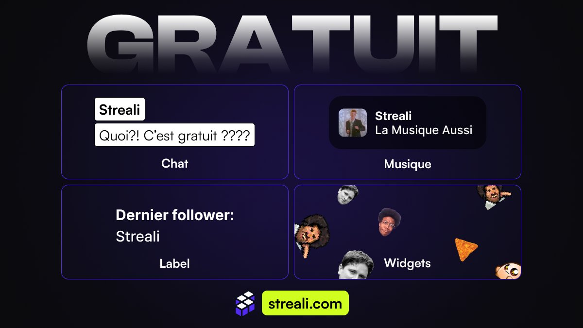 À la recherche de thèmes pour votre stream sans dépenser d'argent ?

Découvrez nos thèmes de chat, de musique, de labels et nos widgets gratuits sur Streali, à personnaliser et à consommer sans modération ! 🔥

Testez Streali sur streali.com