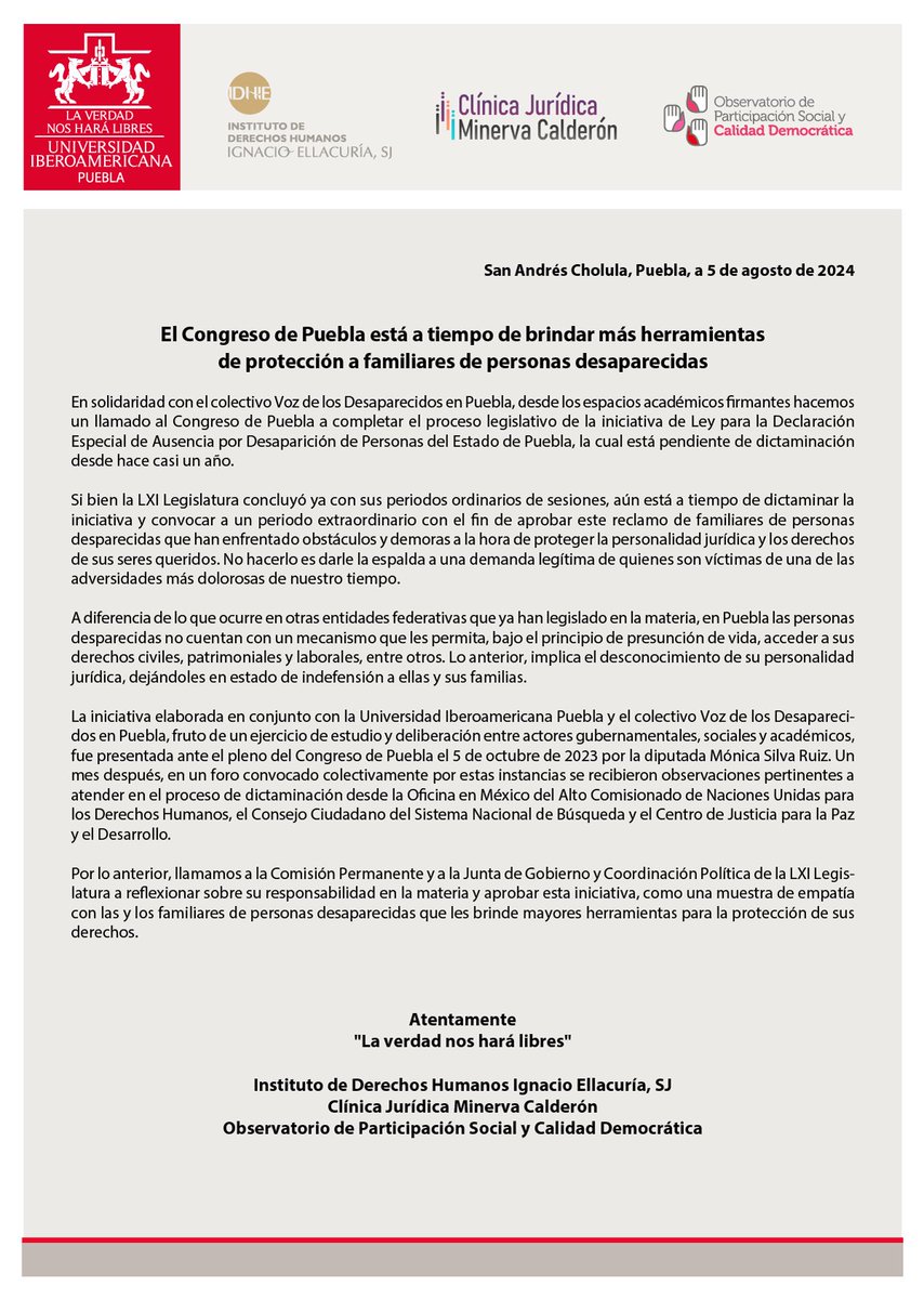 IberoPuebla's tweet photo. Hacemos un llamado al Congreso de Puebla a completar el proceso legislativo de la iniciativa de Ley para la Declaración Especial de Ausencia por Desaparición de Personas del Estado de Puebla. https://t.co/dPCRLop1ZK