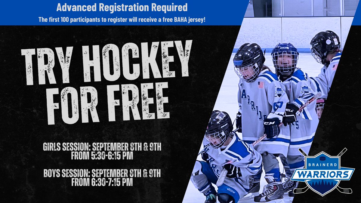 BrdYouthHockey's tweet photo. BAHA is hosting its annual Try Hockey For Free event on Sept. 8-9. This is a no-cost low-commitment intro to ice hockey. No hockey or skating experience is necessary. Gear &amp; skates provided. Learn more &amp; register TODAY at https://t.co/0NbGQlcrdg. https://t.co/03PCIdQdJB
