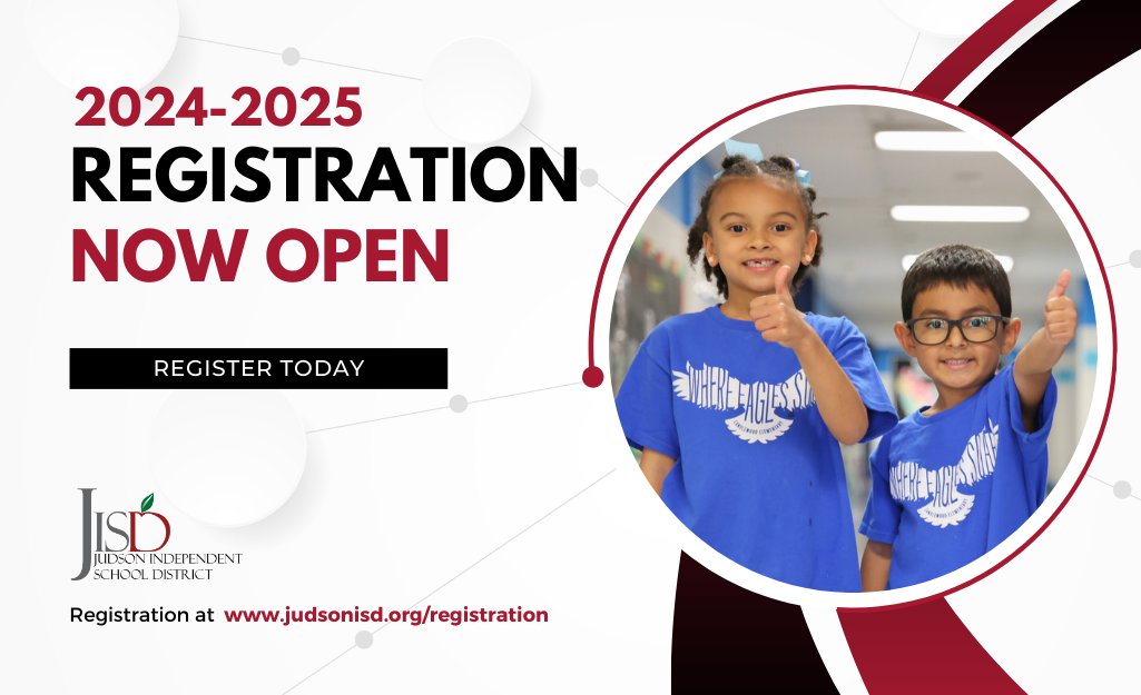 Registration is OPEN!  📚✏️🏫

All Students must be registered before the #JISD1stDay! Students arriving to school on August 14th that are not registered will not be admitted to class until registration is complete. 

🍎 Register Today: judsonisd.org/registration.