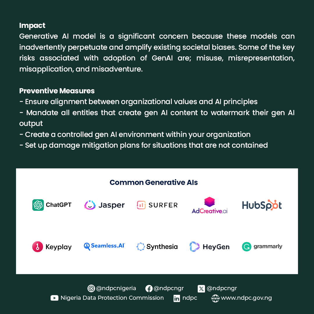 ndpcngr's tweet photo. GENERATIVE AI RISKS AND HOW TO MITIGATE THEM
Generative Al model is a significant concern because these models can inadvertently perpetuate and amplify existing societal biases. https://t.co/caqiAuKgAc