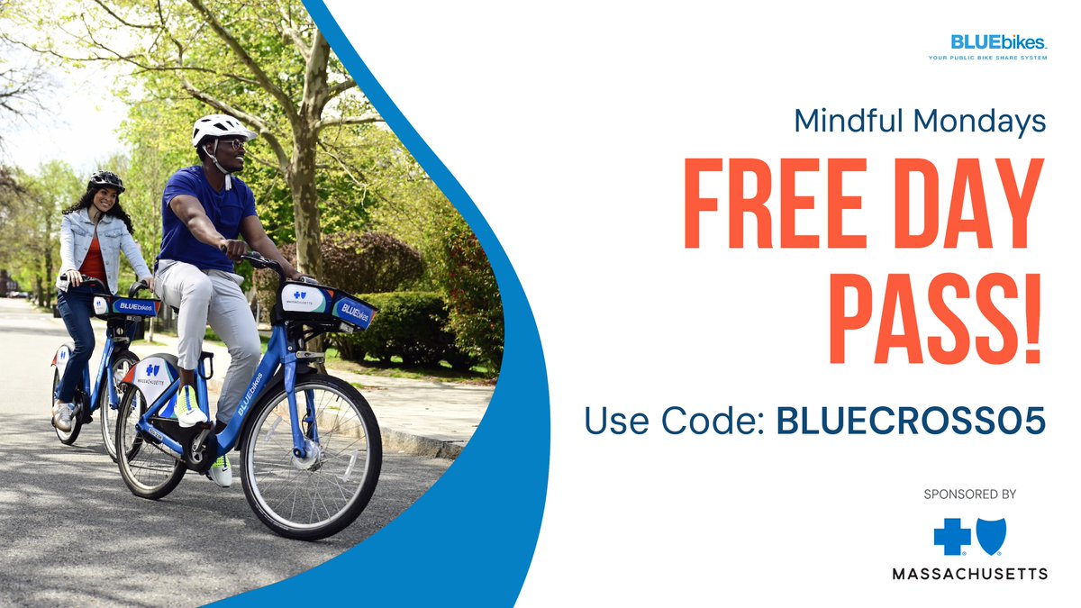 Today <a href="/BCBSMA/">Blue Cross MA</a> kicks off #NationalWellnessMonth with FREE Day Passes every Monday in August for #MindfulMondays! 
Use code BLUECROSS05 on August 5th for unlimited 2-hour pedal bike rides and free ebike unlocks (per minute fees apply). 
#NationalWellnessMonth #Mentalhealth