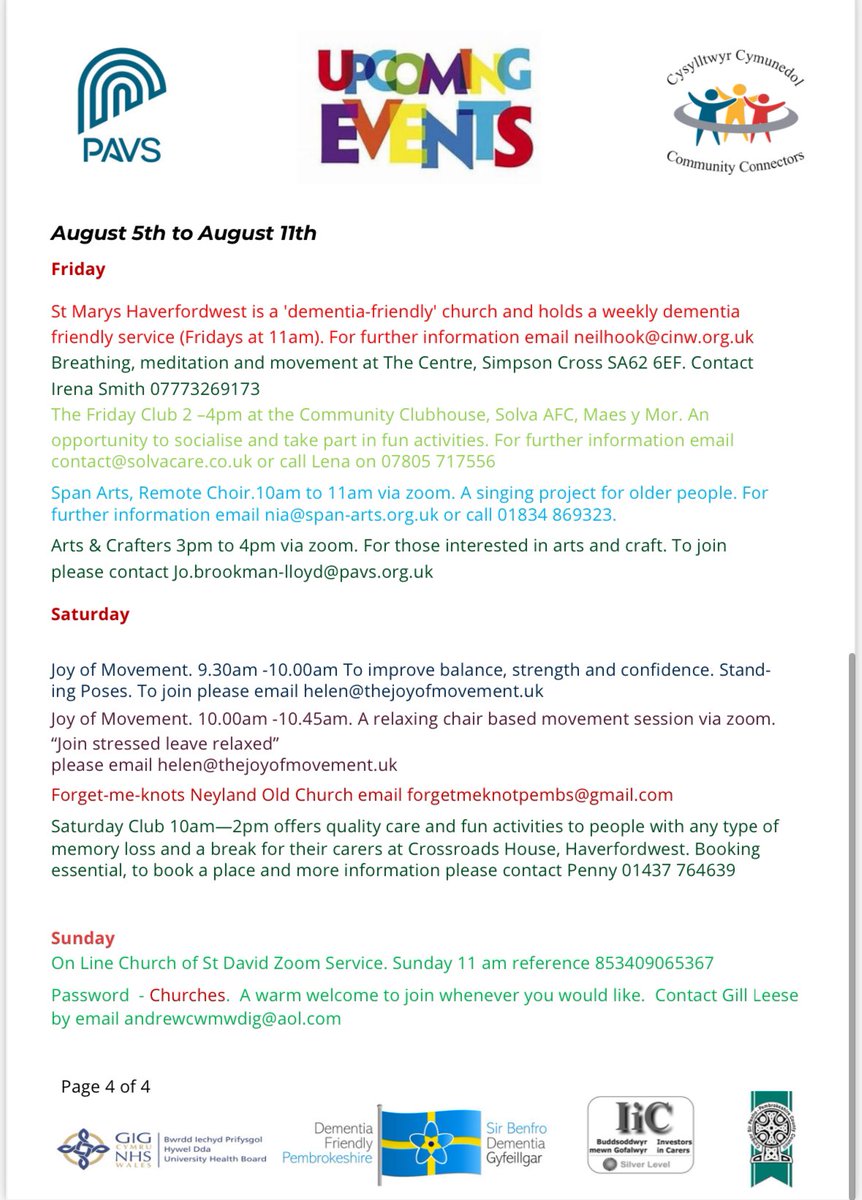 carerssupportww's tweet image. ** 5th - 11th August ** 
A selection of the Age Friendly &amp;amp; Dementia Supportive Activities available for older people and those living with dementia, their carers, family and friends in #Pembrokeshire 🤩