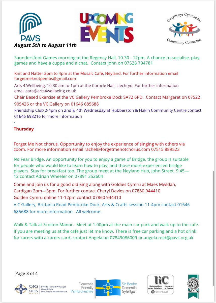 carerssupportww's tweet image. ** 5th - 11th August ** 
A selection of the Age Friendly &amp;amp; Dementia Supportive Activities available for older people and those living with dementia, their carers, family and friends in #Pembrokeshire 🤩