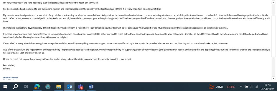 Suhana Ahmed (@suhanaah) on Twitter photo Work for a Trust that isn't afraid to call out #racism &stand with its staff.
<a href="/westlondonnhs/">West London NHS Trust</a> so proud to work4u
Critical4senior leaders to be standing with their staff right now.
Big shout out 2lovely <a href="/DrClaireDillon2/">Dr Claire Dillon</a> who raised this in a senior meeting 1st thing. Work for a Trust that isn't afraid to call out #racism &stand with its staff.
<a href="/westlondonnhs/">West London NHS Trust</a> so proud to work4u
Critical4senior leaders to be standing with their staff right now.
Big shout out 2lovely <a href="/DrClaireDillon2/">Dr Claire Dillon</a> who raised this in a senior meeting 1st thing.