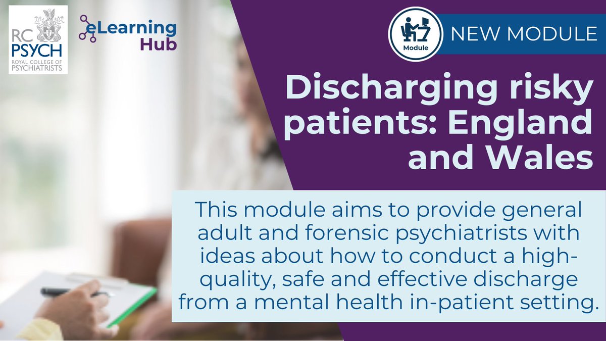 A brand new CPD module has been published to the <a href="/rcpsych/">Royal College of Psychiatrists</a> eLearning Hub.  

'Discharging risky patients: England and Wales' is available now 🔗bit.ly/4duqDX8