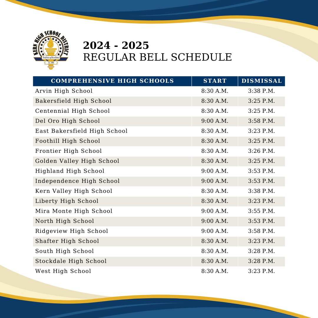 KHSD_Official's tweet photo. As we gear up for the new school year, here is a look at the bell schedule for all campuses across the district.🕒
Students, start the year off strong by adjusting your sleep schedule now so you're on time and ready for school next week!
#PreparedToSucceed #BackToSchool2024 https://t.co/VV5PSApB4l