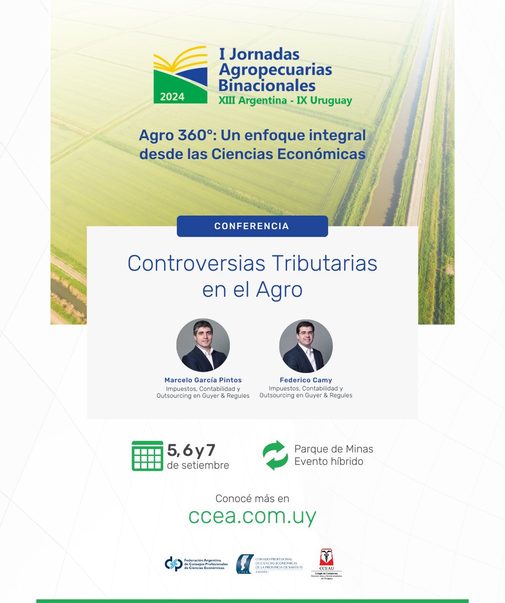 🌾🗣️ Expertos en tributación analizarán los principales desafíos y controversias fiscales que enfrenta el sector agropecuario, un tema crucial para la sostenibilidad y el crecimiento del sector.

📅 Sábado 7 de setiembre, “Controversias fiscales en el Agro”, en las I Jornadas