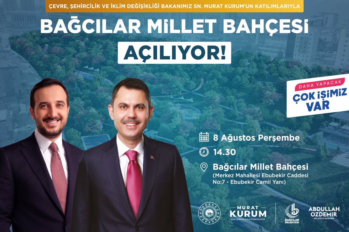 Bağcılar Millet Bahçesi açılıyor!

Çevre, Şehircilik ve İklim Değişikliği Bakanımız Sayın <a href="/murat_kurum/">Murat KURUM</a>’un katılımlarıyla gerçekleşecek olan ve içerisinde sosyal tesis, etkinlik, oyun ve dinlenme alanlarının olduğu Millet Bahçemizin açılışına tüm hemşehrilerimizi bekliyoruz.