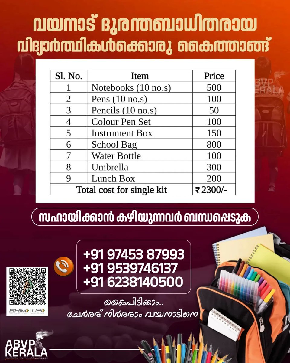 KeralaABVP's tweet image. ഇനി നമുക്ക് കൈകോർക്കാം അവരുടെ പുനരധിവാസത്തിനായി....

വയനാട് ദുരന്തബാധിതരായ വിദ്യാർത്ഥികൾക്ക് ഒരു കൈത്താങ്ങ്‌.....

അവരും  പഠിച്ചു വളരട്ടെ  
നാളെയുടെ  നന്മക്കായ്
നമ്മുടെ  വീട്ടിലെ  കുഞ്ഞുങ്ങളെപോലെ...

സഹായങ്ങൾ നൽകാൻ   ബന്ധപ്പെടുക...

 #ABVPKerala #abvpforwayanad #StudentsForSeva