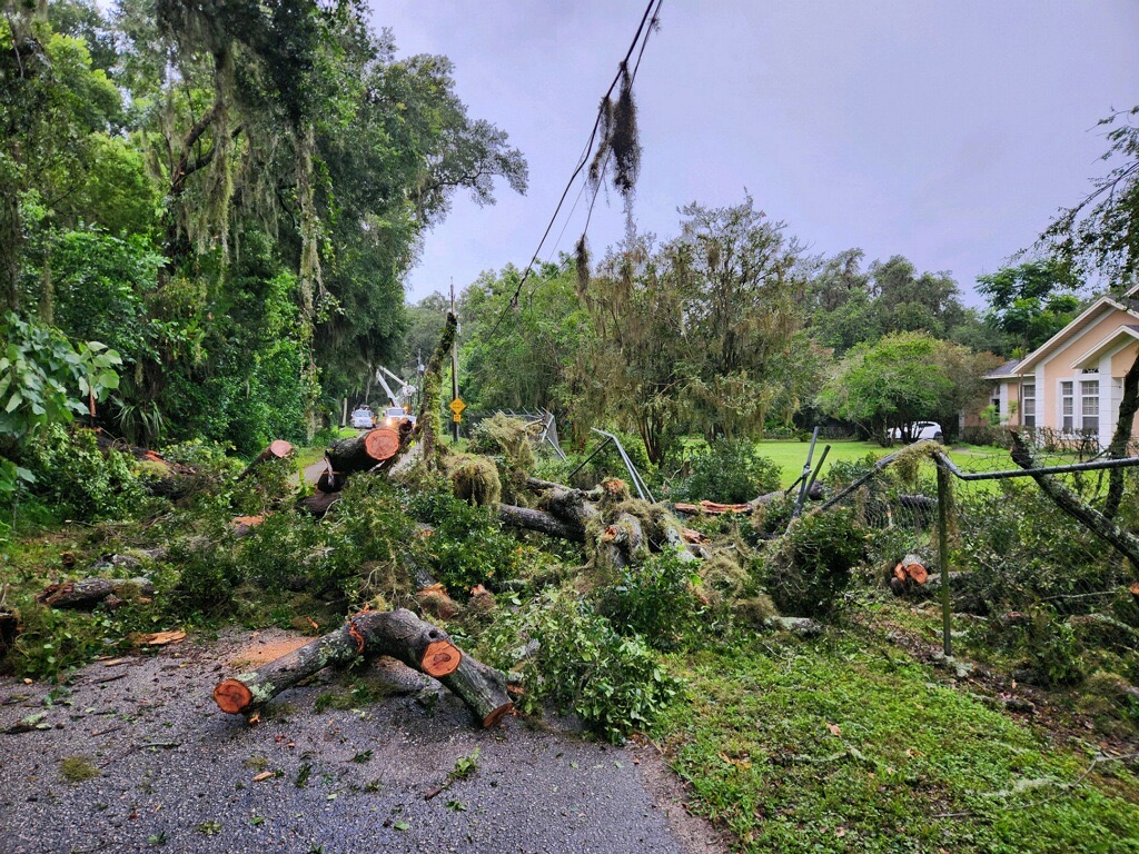 TampaElectric's tweet photo. Our crews are working safely around the clock to restore power. The damage primarily involves overhead powerlines from fallen trees, limbs and other debris. Repairing each line is very time-consuming, and safety is our top priority. Thank you for your patience! #StormSafe #Debby https://t.co/SADU3pVxlv