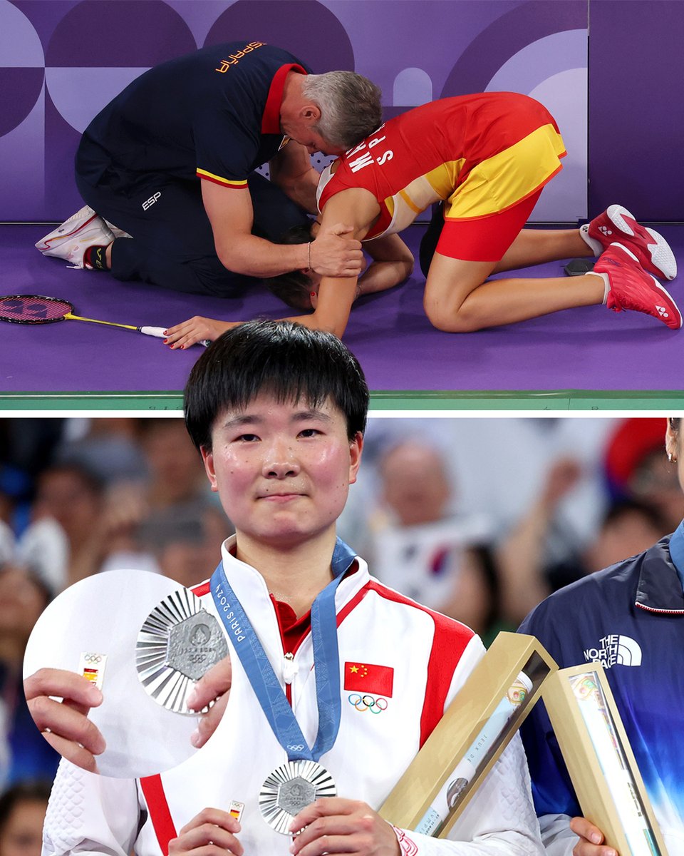 Laureus on X: "True Olympic spirit   Chinese badminton player He Bing Jiao  held a Spanish pin on the podium as a tribute to Carolina Marín, who  earlier in the competition had