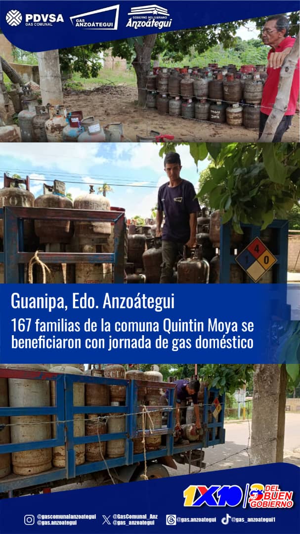 La Gobernación del estado Anzoátegui de la mano de PDVSA Gas Comunal y Gas Anzoátegui y  a través del 1X10 del Buen Gobierno beneficiaron a 167  familias de la comuna Quintín Moya  Municipio San José de Guanipa con jornada de distribución de gas domėstico 
#PatriaSoberanaYPlena