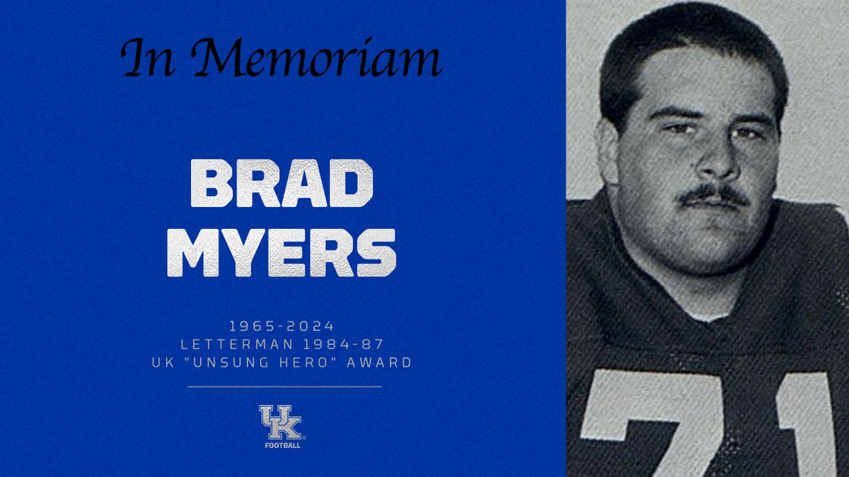 UKFootball's tweet photo. Brad Myers was a 4-year starter, blocking for some of the greatest backs in UK history - George Adams, Mark Higgs and Marc Logan - and received UK's "Unsung Hero" award as a senior. 

His career of social work in schools &amp; hospitals reflected his passionate care for young people. https://t.co/MFB5ZzJbBb