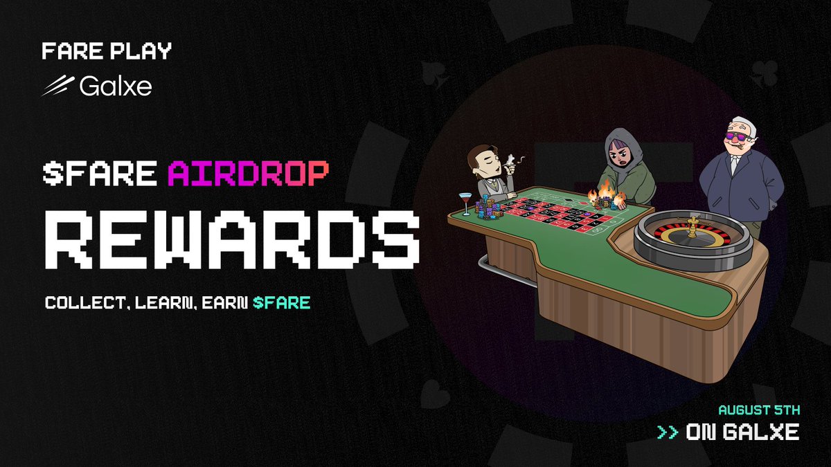 💥  F A R E P L A Y  🎰  G A L X E  💥

In the spirit of fairly distributing $FARE to our most eager users, we've launched a social rewards campaign powered by <a href="/GalxeQuest/">Galxe Quest</a> 👇

Earn $FARE on Galxe: galxe.com/fareplay

- Follow us on X
- Join our Discord &amp; Telegram
- Engage on