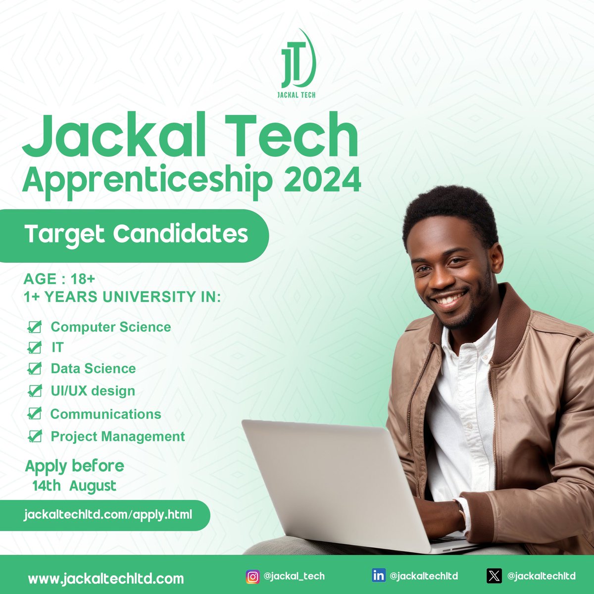 jackaltechltd's tweet photo. Passionate about tech and innovation? 

We’re looking for candidates with 1+ year of university in CS, IT, Data Science, UI/UX, Communications , or Project Management.

🗓 Apply by 14th Aug
🔗 Link in Bio: https://t.co/cRSrvlxan5

Join us at @jackaltechltd 🌟
#TechJobs https://t.co/x96rVNOUjG