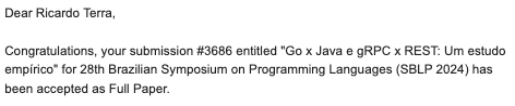 Paper "Go x Java e gRPC x REST: Um estudo empírico" accepted at SBLP with Luiz Otávio Soares. #sblp
<a href="/congressocbsoft/">CBSoft 2026</a>