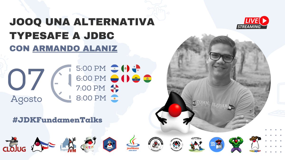 gaijinco's tweet image. Nuestra charla de Agosto: JOOQ una alternativa "typesafe" a JDBC meetup.com/bogota-jvm-mee… #JUGEvents #JavaComunidad #JavaLatam #JavaIA #JDKFundamenTalks