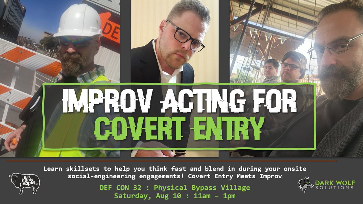 During covert entry, how do you respond when someone asks you questions, or you need them to do something for you? 
Attend our 2hr workshop at <a href="/defcon/">DEF CON</a>  <a href="/physsec/">Physical Security Village</a>  village 8/10  at 11am!
#dc32 #acting #covertentry #socialengineering #physicalbypass #darkwolfsolutions