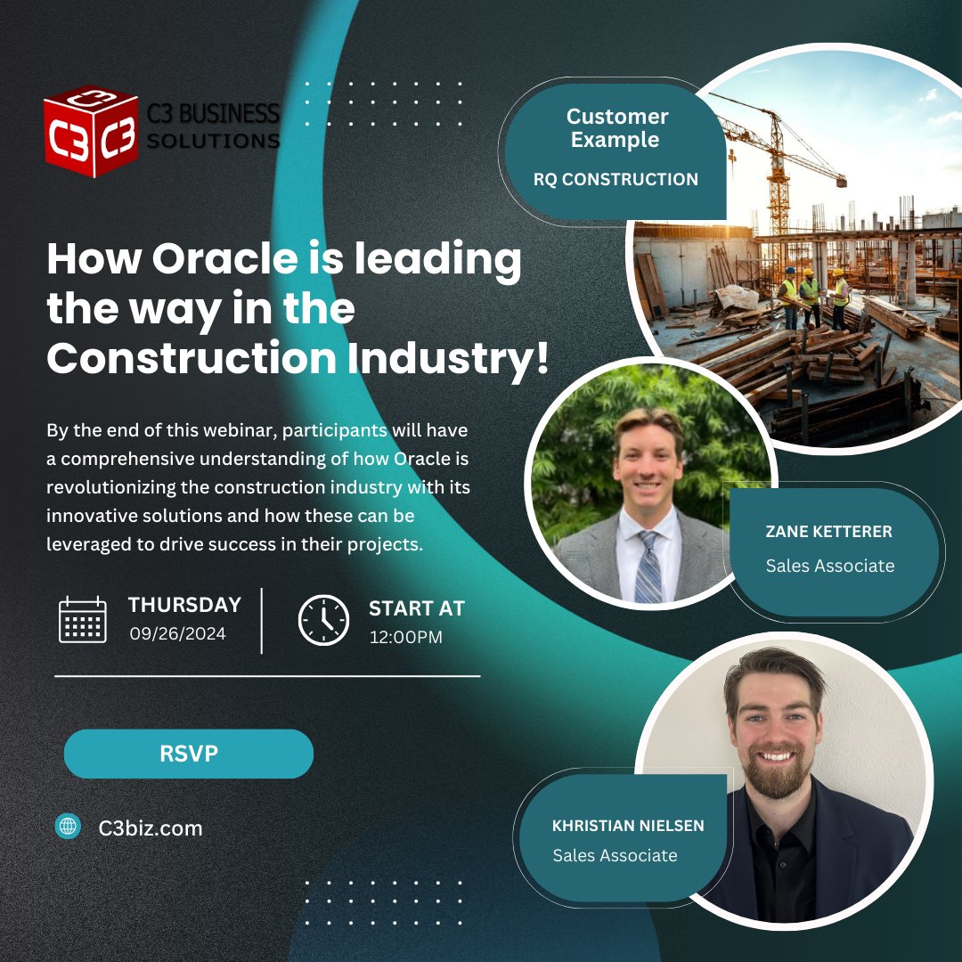 C3Biz's tweet photo. Interested in learning how Oracle is transforming the construction industry? Join our upcoming webinar to hear about the successful implementation of Oracle applications by companies like RQ Construction and Mark Taylor. https://t.co/x5DxzwbTTr