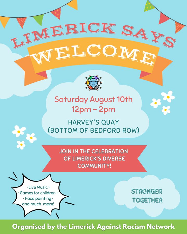 jclannon's tweet photo. Saturday, 12pm, Harvey's Quay in #Limerick. Showing how the city says YES to diversity, YES to refugees, YES to unity not division, YES to housing for all, YES to inclusion.
Celebrate all the wonderful people who call Limerick home. #LimerickSaysWelcome #LimerickForAll https://t.co/qQH38JvW5E