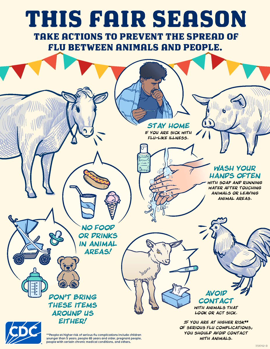 CDCFlu's tweet photo. If you plan to attend an agricultural fair, take actions to help prevent the spread of #H5N1 #birdflu between animals and people.  

Find out how you can reduce your risk: https://t.co/K4XI5Fi7df https://t.co/kfYNywX1Pk