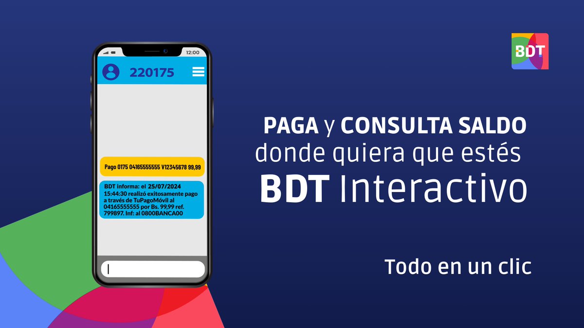 Con BDT Interactivo paga tus compras y consulta tu saldo de manera rápida vía SMS.    ¡Que nada te detenga!

#Banca #PagoMóvil #BDTInteractivo
