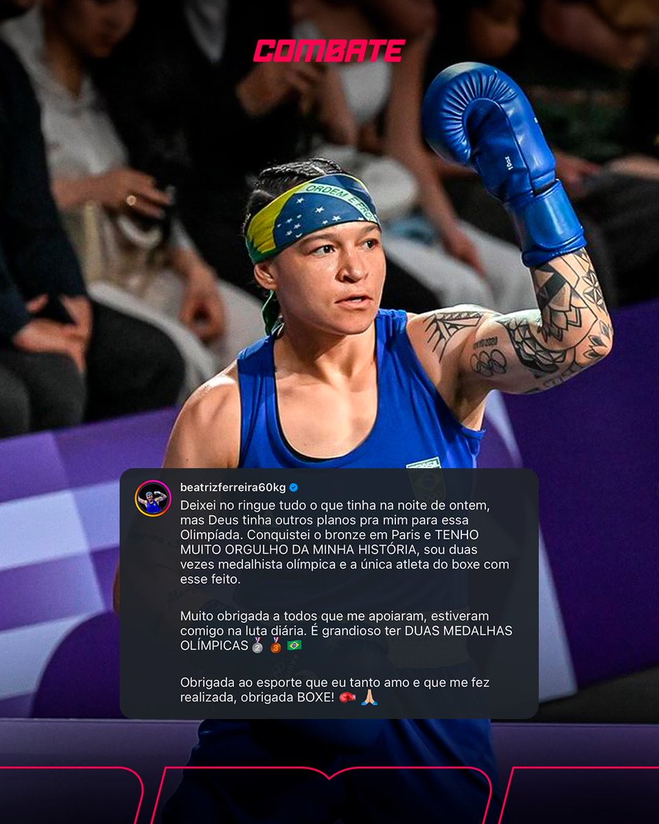 combate's tweet photo. Você é BRABA demais, Bia! São duas medalhas olímpicas e muito a conquistar ainda! 

Vamos juntos 🥊🥉🇧🇷

*Contém texto alternativo

#Combate #BiaFerreira #Paris2024 https://t.co/X2IIcJO5s7