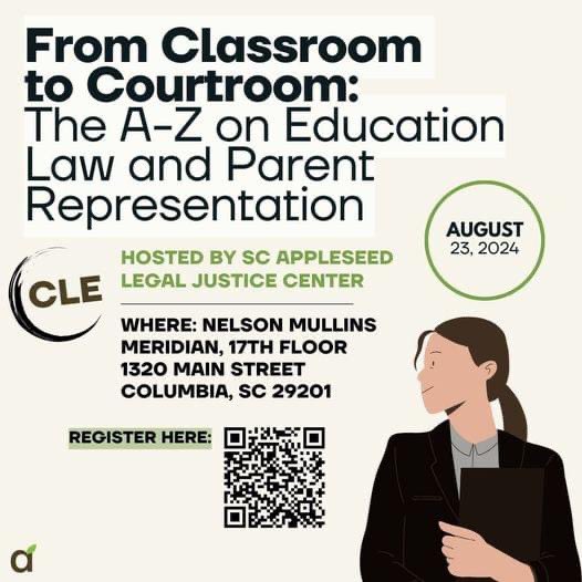 AppleseedSC's tweet photo. We are hosting a CLE for South Carolina Attorneys on Education Law this August. Guest speakers will help provide expert insight on a host of common issues faced by parents in SC - including expulsions, truancy, and due process!

Register today: https://t.co/YkHPTU5ulS https://t.co/toGGmUGEFY