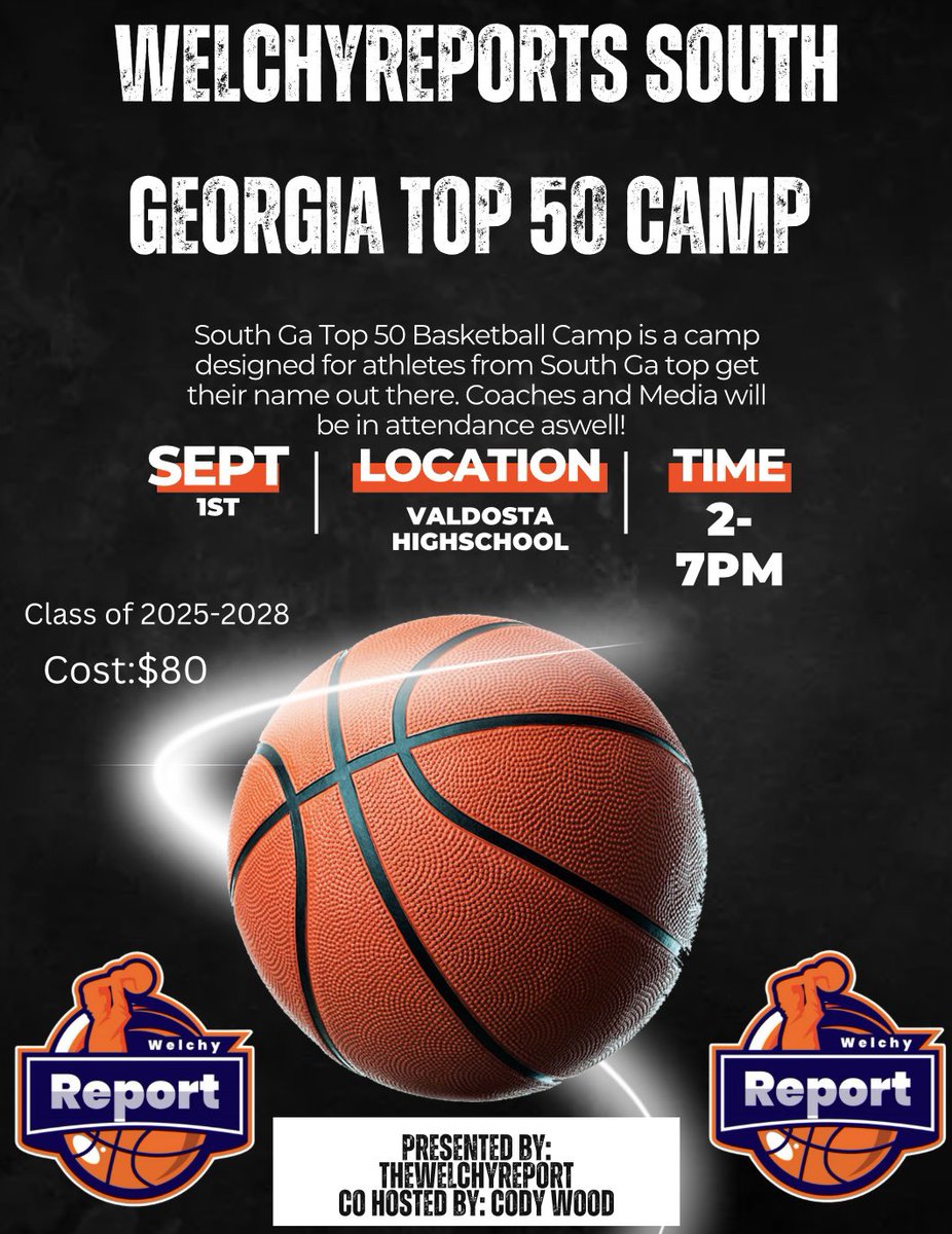 South Georgia Top 50
Presented By: <a href="/TheWelchyReport/">Welchy Report</a>
Co Hosted: Cody Wood

The Best Camp in South Ga!!!

📆September 1st 2-7pm 
📍Valdosta High School 

✅Media Coverage
✅College Coaches
✅Mixtapes Available
✅Great Competition

Link to Register: checkout.square.site/merchant/MLQJJ…