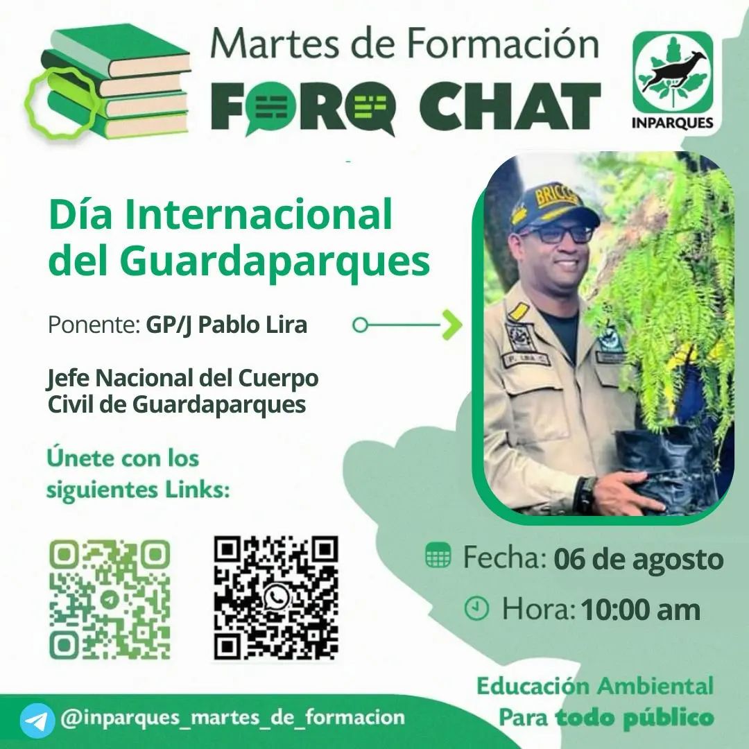 #atencion 📣 En el marco de los Martes de Formación, te invitamos a participar en el Forochat: Día Internacional del Guardaparques, con el GP/J Pablo Lira, Jefe Nacional del Cuerpo Civil de Guardaparques. 

<a href="/nicolasmaduro/">Nicolás Maduro</a>
