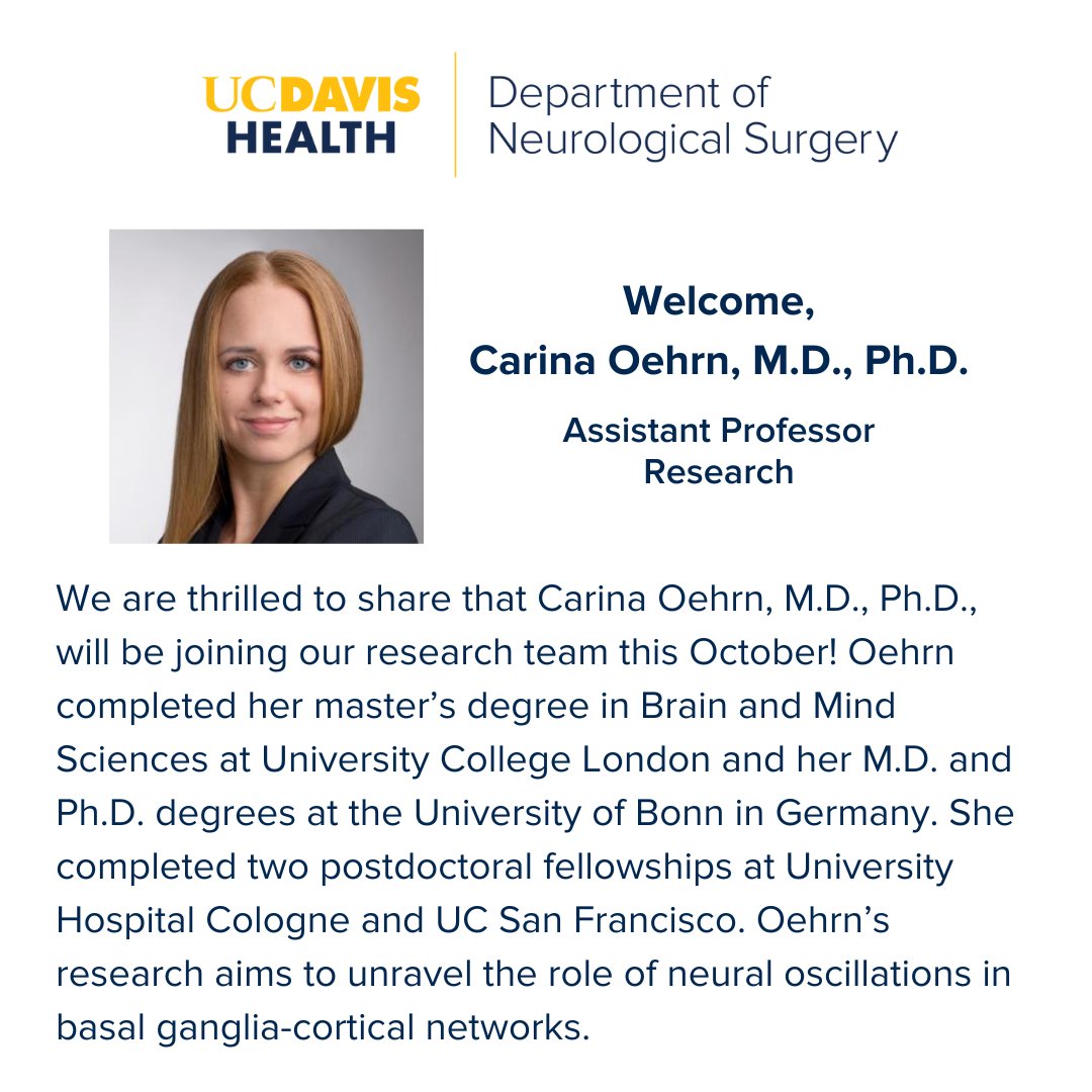 UC Davis Neurological Surgery (@ucdneurosurgery) on Twitter photo We are thrilled to welcome <a href="/CarinaOehrn/">Carina Oehrn</a> to the UC Davis Department of Neurological Surgery as an assistant professor! Dr. Oehrn will join us in October to direct an innovative research program focusing on developing new neuromodulation targets and strategies. We are thrilled to welcome <a href="/CarinaOehrn/">Carina Oehrn</a> to the UC Davis Department of Neurological Surgery as an assistant professor! Dr. Oehrn will join us in October to direct an innovative research program focusing on developing new neuromodulation targets and strategies.