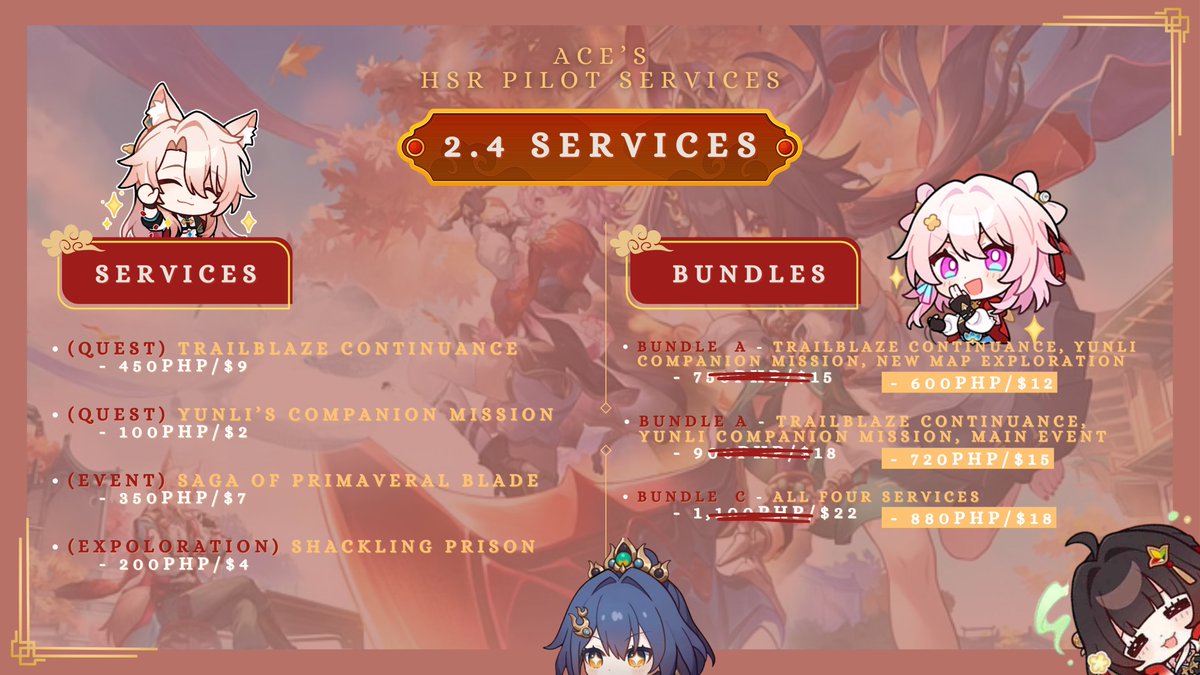 dainsleifhawt's tweet image. ‼️ PLS RT ‼️

Now accepting 2.4 HSR services for new contents! Check out the prizes with amazing discounted bundles below! DM to avail or for any inquiries!

Tags: #HonkaiStarRail #HSR #Honkai #StarRail #Lingsha #Feixiao #Jiaoqiu #Yunli #hsrtwt #hsrpilot #hsrpiloting #promotwt