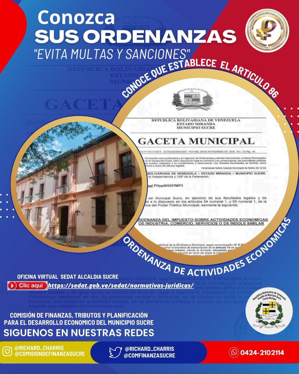 ComFinanzaSucre's tweet photo. #SabiasQué | De acuerdo al artículo 86 de la Ordenanza de Actividades Económicas los contribuyentes del municipio Sucre, deben realizar la declaración y pago de impuestos de actividades económicas los primeros 5 dias hábiles de cada mes ¡Evita Sanciones! https://t.co/VWCiARWwoK