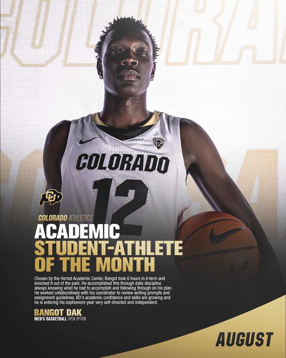 HerbstAcademicCenter (@buffshacademics) on Twitter photo Congratulations to Bangot Dak <a href="/BangotDak/">𝓑𝓪𝓷𝓰𝓸𝓽 𝓓𝓪𝓴</a> for being selected as one of our Herbst Academic Center student-athletes of the month for August!
<a href="/CUBuffsMBB/">Colorado Men's Basketball</a>
@cubuffslead
@nfoura12 #HACademcis #GoBuffs #STUDENTathlete Congratulations to Bangot Dak <a href="/BangotDak/">𝓑𝓪𝓷𝓰𝓸𝓽 𝓓𝓪𝓴</a> for being selected as one of our Herbst Academic Center student-athletes of the month for August!
<a href="/CUBuffsMBB/">Colorado Men's Basketball</a>
@cubuffslead
@nfoura12 #HACademcis #GoBuffs #STUDENTathlete