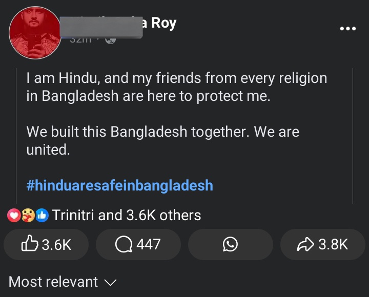 Taesamiu's tweet photo. We are all Bangladeshi people right now.
We love our Hindu brothers no matter what.
Some third party political peoples s are trying to create a conflict between us Hindu and Muslim peoples in Bangladesh. 
 #HindusAreSafeInBangladesh #Bangladesh #SafeCommunities
#safebdfromindia https://t.co/dDxw8GLg62
