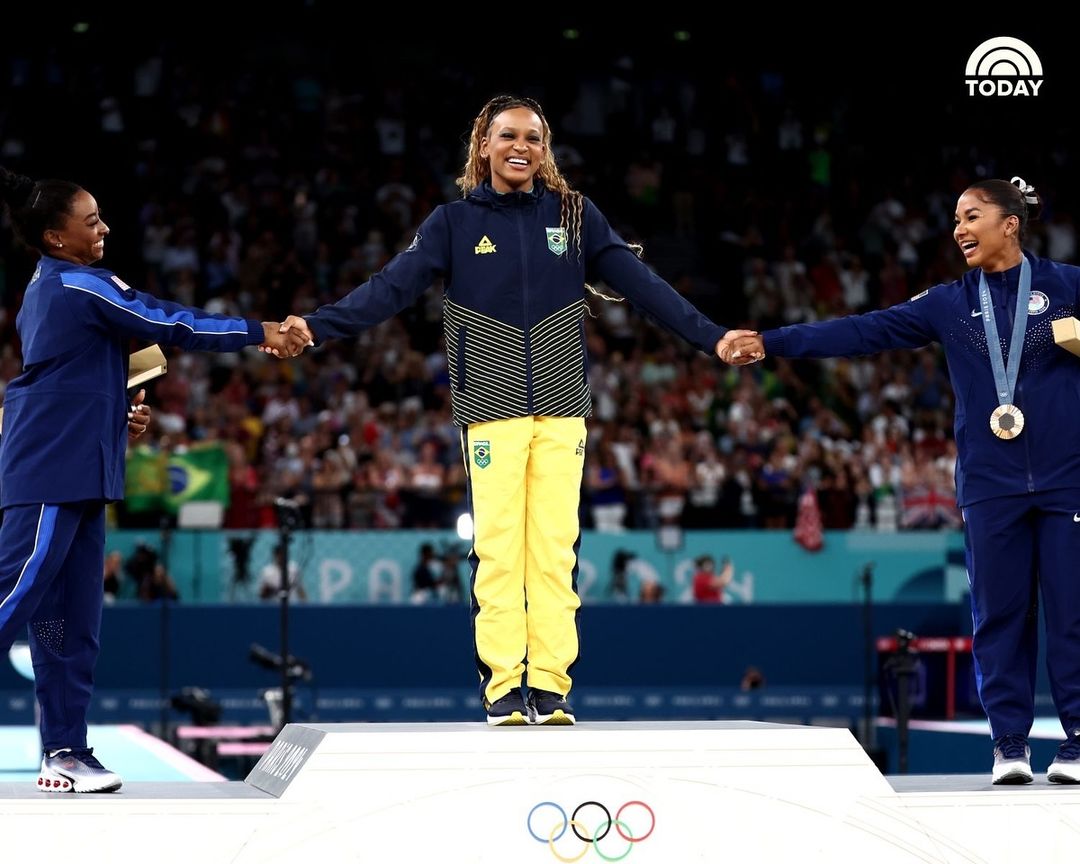 AttorneyCrump's tweet photo. Rebeca Andrade. Simone Biles. Jordan Chiles. The 1st all-Black podium in Olympic gymnastics. 🔥 HERSTORY has been made. This moment symbolizes SO much more than just their monumental wins — inspiring future generations to reach for their dreams!🙌🏿

📷: @todayshow, Getty Images https://t.co/7k1CLZxeIL