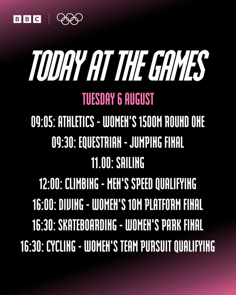 BBCSport's tweet photo. Day 11 at the Olympic Games - let's go! 👊

Here's what you can look forward to today...

#BBCOlympics #Olympics #Paris2024 https://t.co/byyXELwAuW